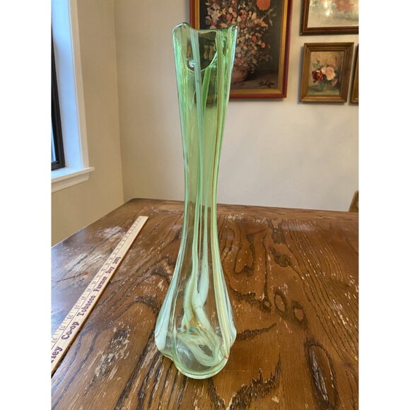 Vintage Green Swung Vase With White Stripe Stretch Glass Artistry 15" Tall - Picture 4 of 5